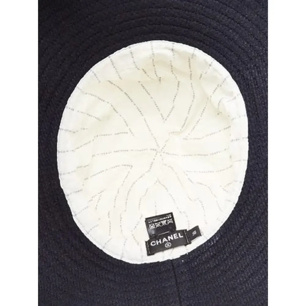 Chanel Navy Blue White Cotton Interlocking CC Hat 58 sz